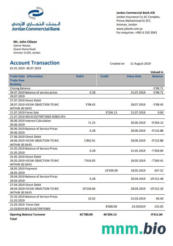 Jordan Commercial Bank JCB wyciąg bankowy łatwy do wypełnienia szablon .xls i .format pliku pdf